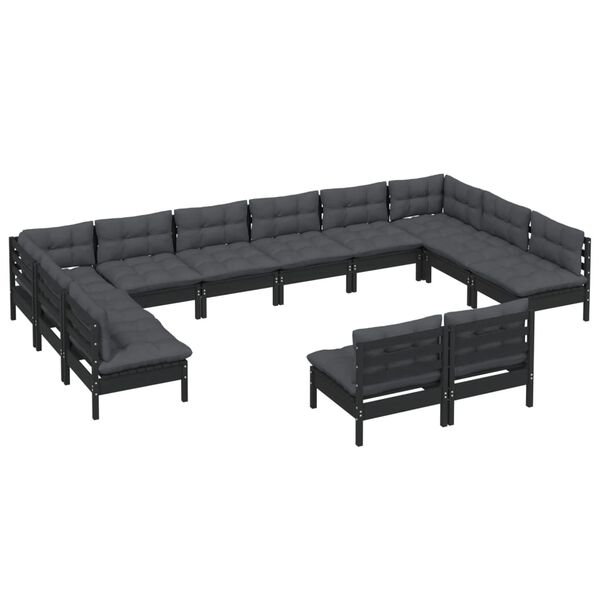 vidaXL 12-tlg. Garten-Lounge-Set mit Kissen Schwarz Kiefer Massivholz