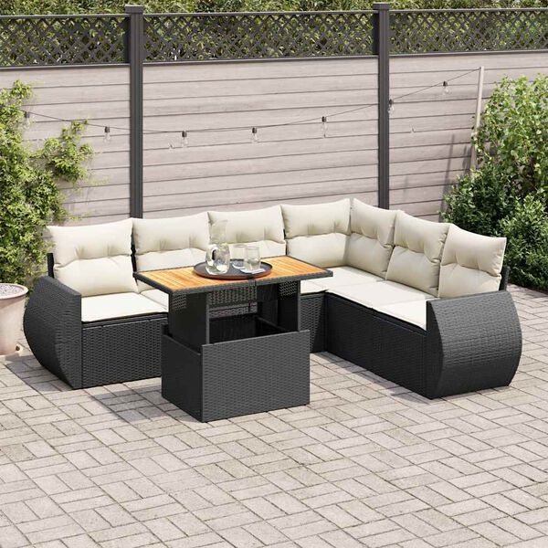 vidaXL 7-tlg. Garten-Sofagarnitur mit Kissen Schwarz Poly Rattan