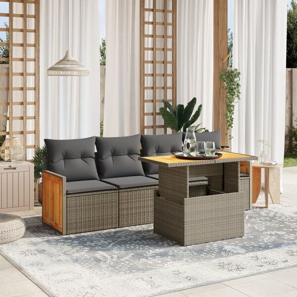 vidaXL 5-tlg. Garten-Sofagarnitur mit Kissen Grau Poly Rattan