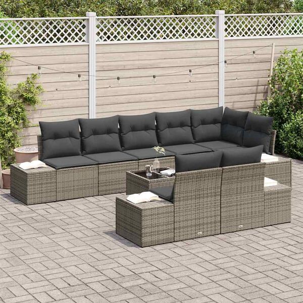 vidaXL Garten-Sofa-Set mit Kissen mit Speicher 9 pcs Grau Poly-Rattan