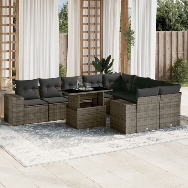 vidaXL 10-tlg. Garten-Sofagarnitur mit Kissen Grau Poly Rattan