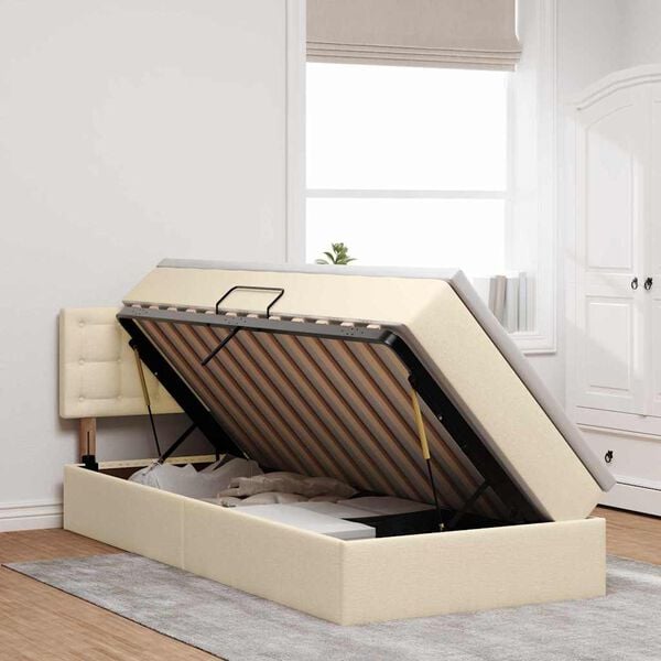 vidaXL Bett mit Stauraum und LED mit Matratze Creme 90 x 190 cm Stoff