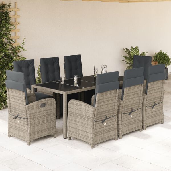 vidaXL 9-tlg. Garten-Essgruppe mit Kissen Grau Poly Rattan