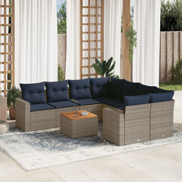 vidaXL 9-tlg. Garten-Sofagarnitur mit Kissen Grau Poly Rattan