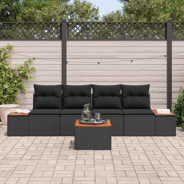 vidaXL Garten-Sofa-Set mit Kissen 5 pcs Schwarz Poly Rattan
