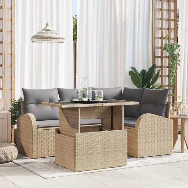 vidaXL Garten-Sofa-Set mit Kissen 5 pcs Beige Poly-Rattan