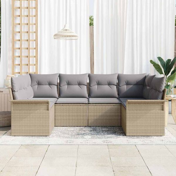 vidaXL Garten-Sofa-Set mit Kissen mit Speicher 6 pcs Beige Poly Rattan