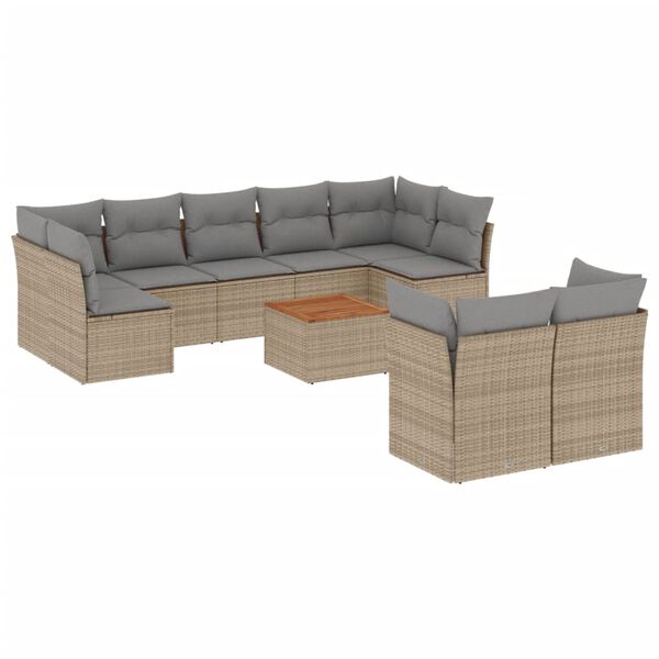 vidaXL 10-tlg. Garten-Sofagarnitur mit Kissen Beige Poly Rattan