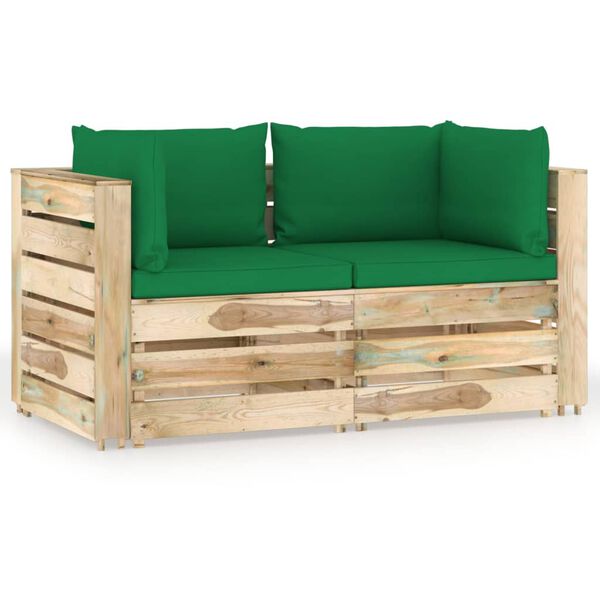 vidaXL 2-Sitzer Outdoor-Sofa mit Kissen Gr&uuml;n Impr&auml;gniertes Holz