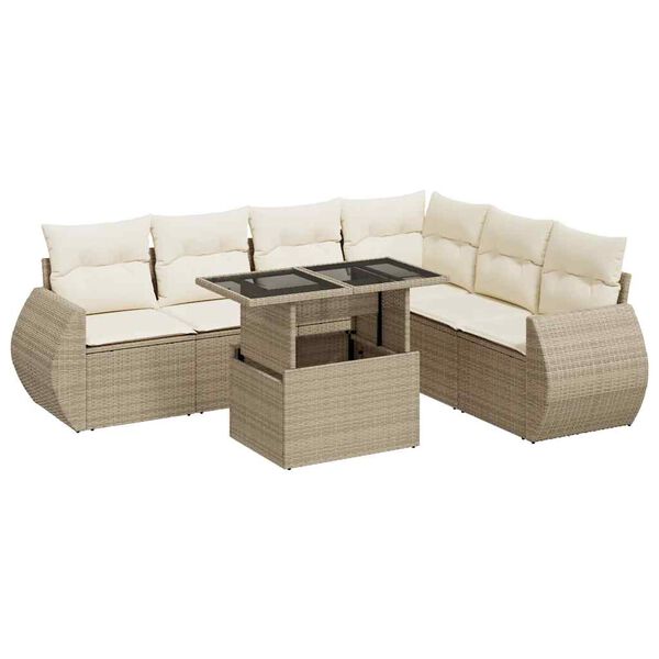 vidaXL 7-tlg. Garten-Sofagarnitur mit Kissen Beige Poly Rattan