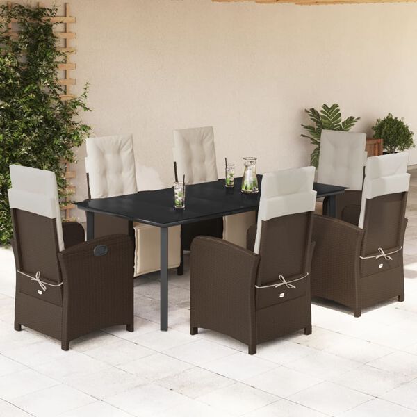 vidaXL 7-tlg. Garten-Essgruppe mit Kissen Braun Poly Rattan