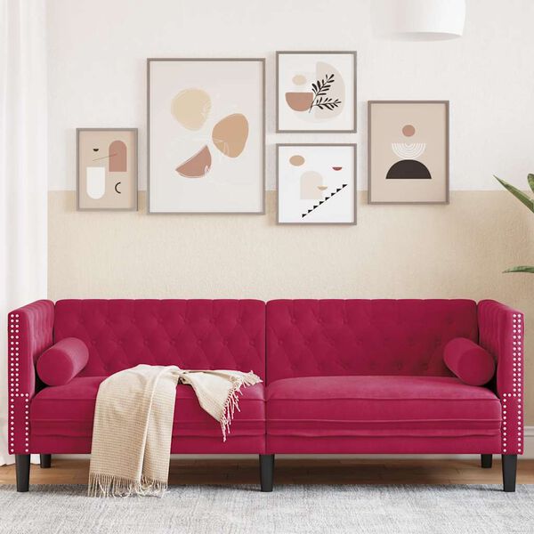vidaXL Chesterfield-Sofa mit Nackenrollen 3-Sitzer Weinrot Samt