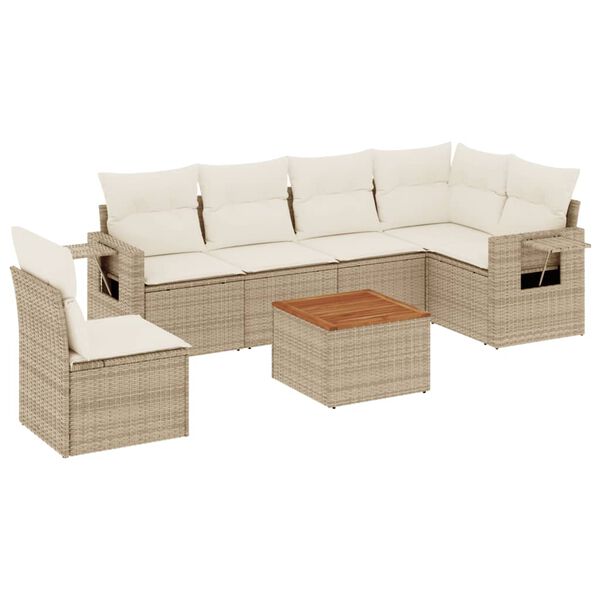 vidaXL 7-tlg. Garten-Sofagarnitur mit Kissen Beige Poly Rattan