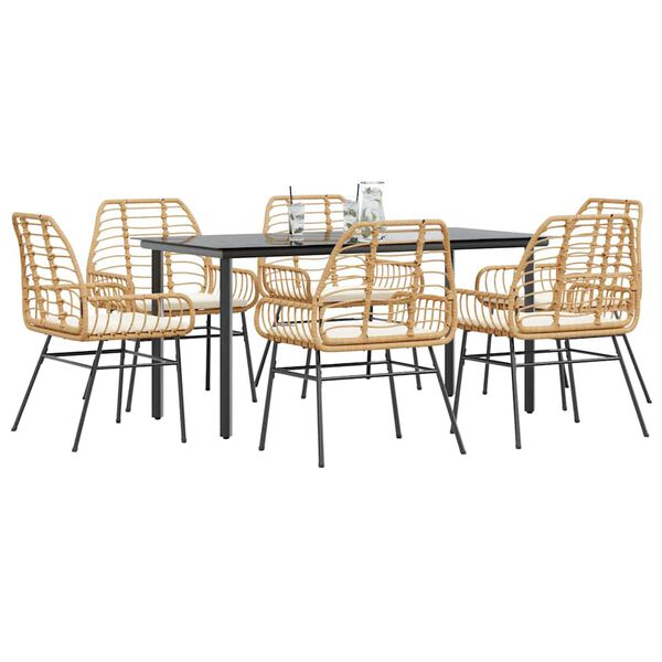 vidaXL 7-tlg. Garten-Essgruppe mit Kissen Braun Poly Rattan Glas