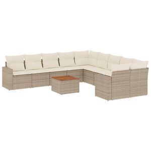 vidaXL 11-tlg. Garten-Sofagarnitur mit Kissen Beige Poly Rattan