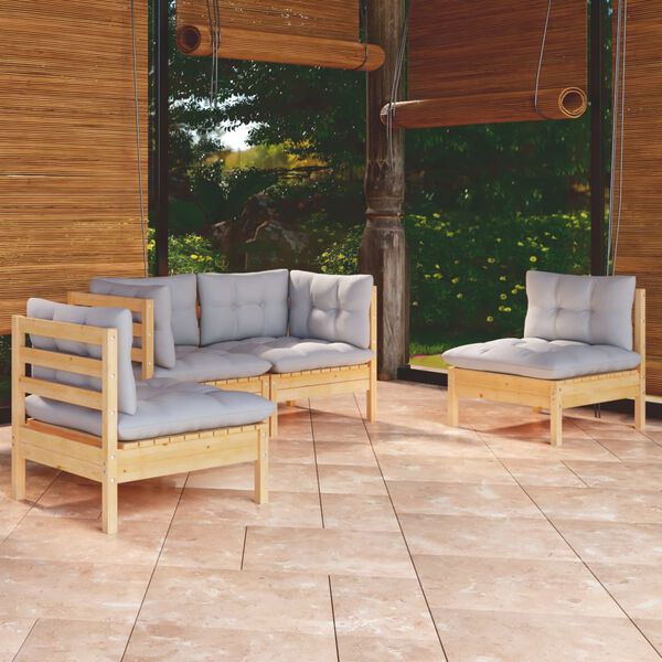 vidaXL 4-tlg. Garten-Lounge-Set mit Grauen Kissen Kiefer Massivholz