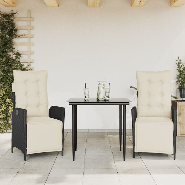 vidaXL 3-tlg. Garten-Essgruppe mit Kissen Schwarz Poly Rattan