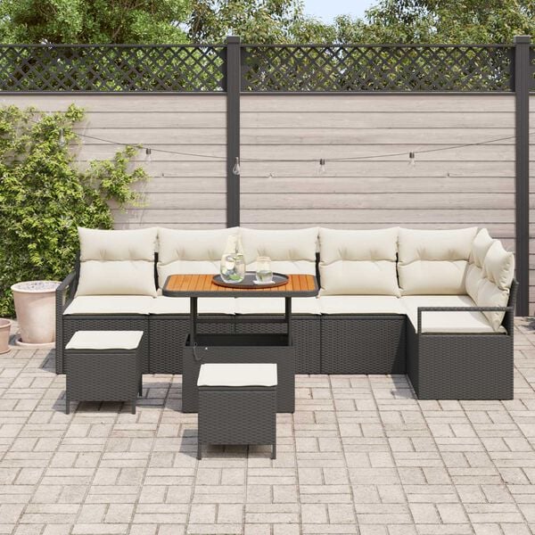 vidaXL Garten-Sofa-Set mit Kissen 9 pcs Schwarz Poly Rattan