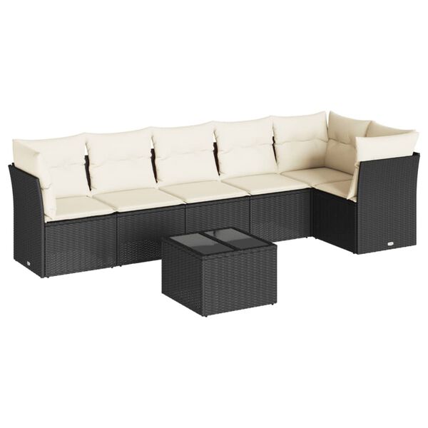 vidaXL 7-tlg. Garten-Sofagarnitur mit Kissen Schwarz Poly Rattan