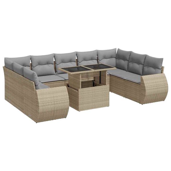 vidaXL 10-tlg. Garten-Sofagarnitur mit Kissen Beige Poly Rattan