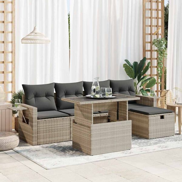 vidaXL 6-tlg. Garten-Sofagarnitur mit Kissen Hellgrau Poly Rattan
