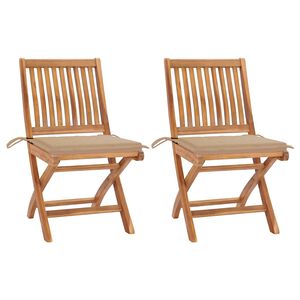 vidaXL Klappst&uuml;hle, 2 St&uuml;ck, mit beigen Kissen, aus massivem Teakholz