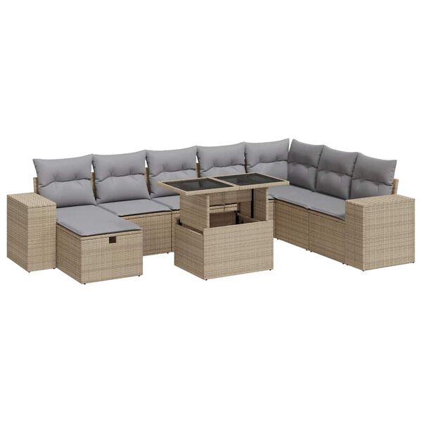 vidaXL 9-tlg. Garten-Sofagarnitur mit Kissen Beige Poly Rattan