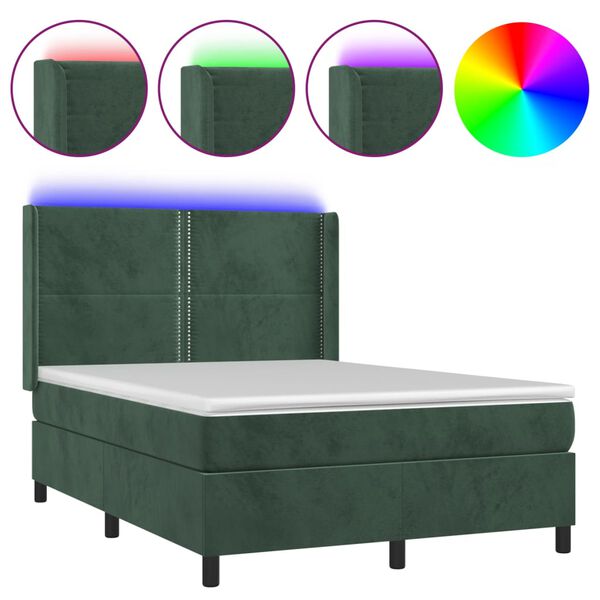 vidaXL Boxspringbett mit Matratze & LED Dunkelgr&uuml;n 140x200 cm Samt