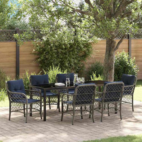 vidaXL Garten Essgruppe mit Kissen 7 pcs Grau und Schwarz Rattan