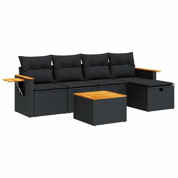 vidaXL 6-tlg. Garten-Sofagarnitur mit Kissen Schwarz Poly Rattan
