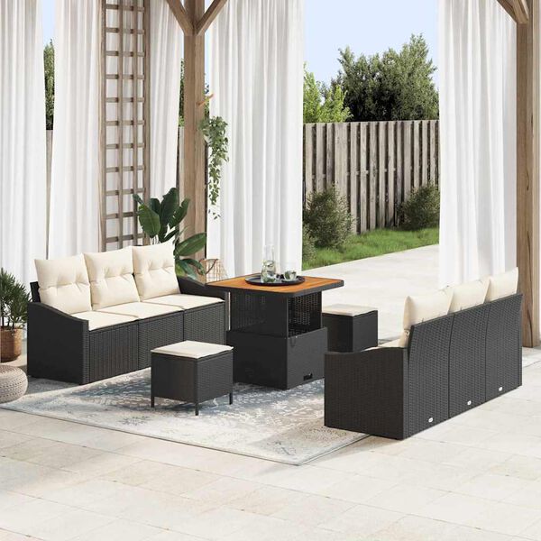 vidaXL Garten-Sofa-Set mit Kissen mit Speicher 9 pcs Schwarz und Creme