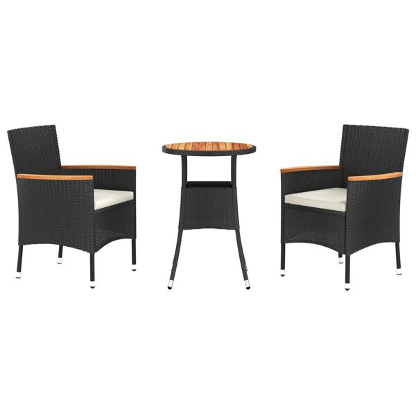 vidaXL 3-tlg. Garten-Bistro-Set mit Kissen Schwarz Poly Rattan