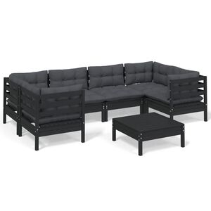 vidaXL 7-tlg. Garten-Lounge-Set mit Kissen Schwarz Kiefernholz