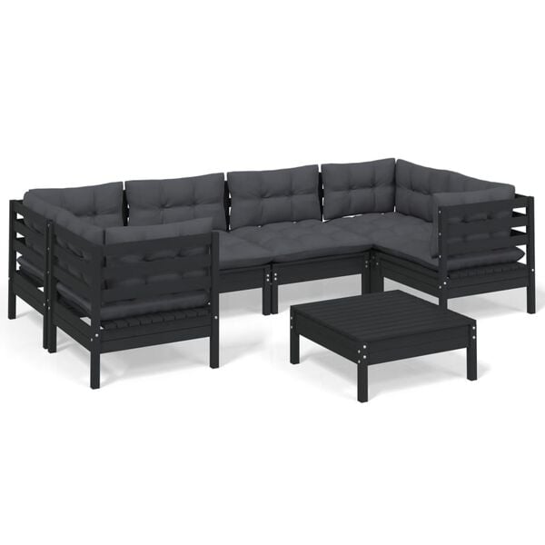 vidaXL 7-tlg. Garten-Lounge-Set mit Kissen Schwarz Kiefernholz
