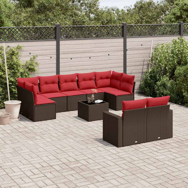 vidaXL 10-tlg. Garten-Sofagarnitur mit Kissen Braun Poly Rattan