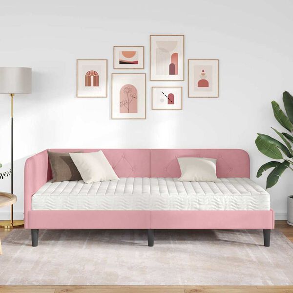 vidaXL Eckbettgestell mit Matratze mit Kopfteil Rosa 90 x 200 cm Samt