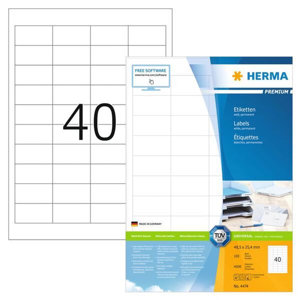 HERMA Etiketten PREMIUM Permanent Haftend A4 48,5x25,4 mm 100 Blätter