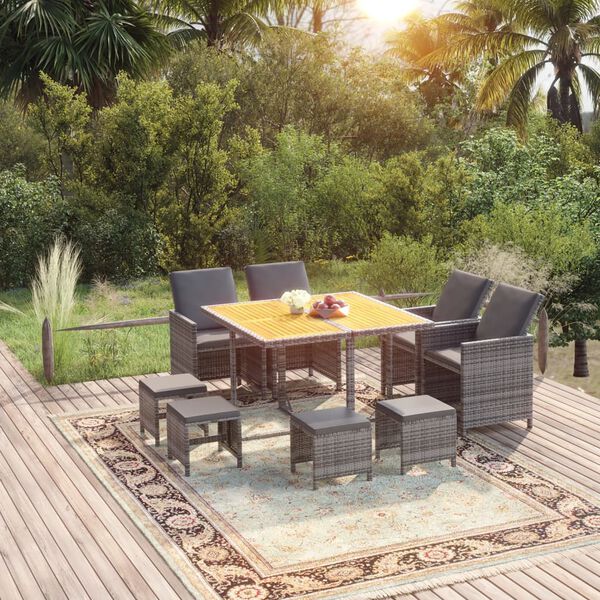 vidaXL 9-tlg. Garten-Essgruppe mit Kissen Poly Rattan Grau
