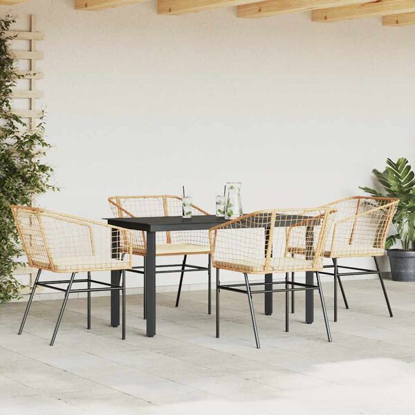 vidaXL 5-tlg. Garten-Essgruppe mit Kissen Braun Poly Rattan Glas