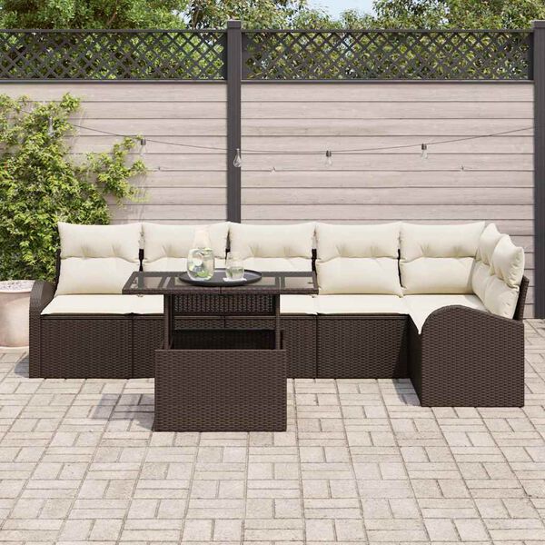 vidaXL Garten-Sofa-Set mit Kissen 7 pcs Braun und Creme Poly-Rattan
