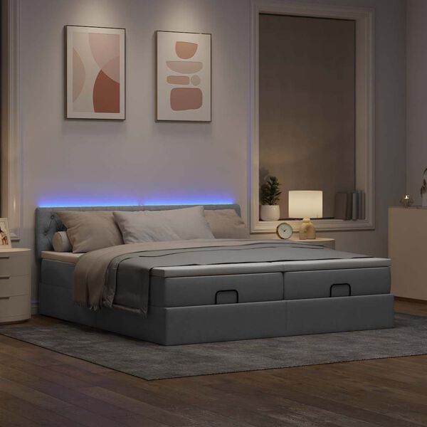 vidaXL Ottoman-Bett mit Matratzen & LEDs Hellgrau 200x200 cm Stoff