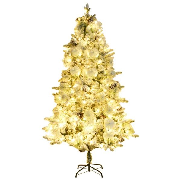 vidaXL Weihnachtsbaum mit Beleuchtung Schnee und Zapfen 195 cm PVC&PE