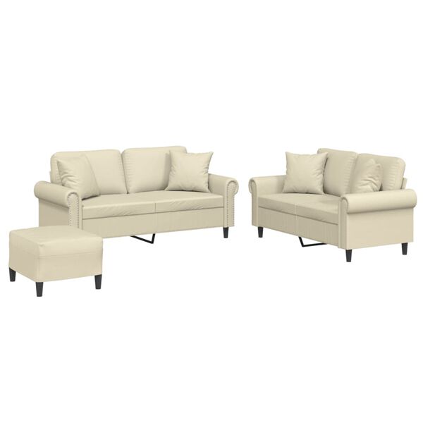 vidaXL 3-tlg. Sofagarnitur mit Kissen Creme Kunstleder