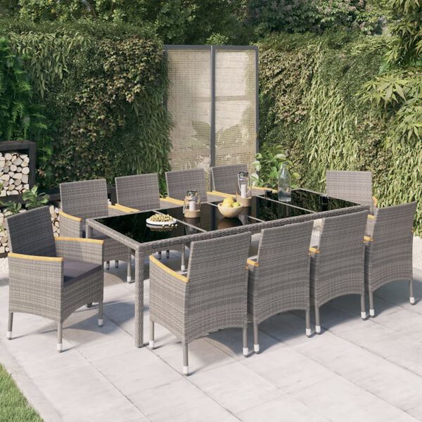 vidaXL 11-tlg. Garten-Essgruppe mit Kissen Poly Rattan Schwarz & Grau