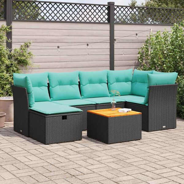 vidaXL 7-tlg. Garten-Sofagarnitur mit Kissen Schwarz Poly Rattan