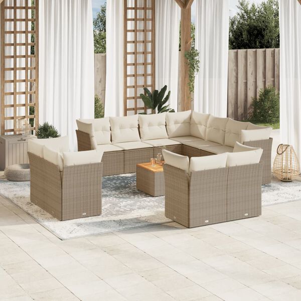 vidaXL 12-tlg. Garten-Sofagarnitur mit Kissen Beige Poly Rattan