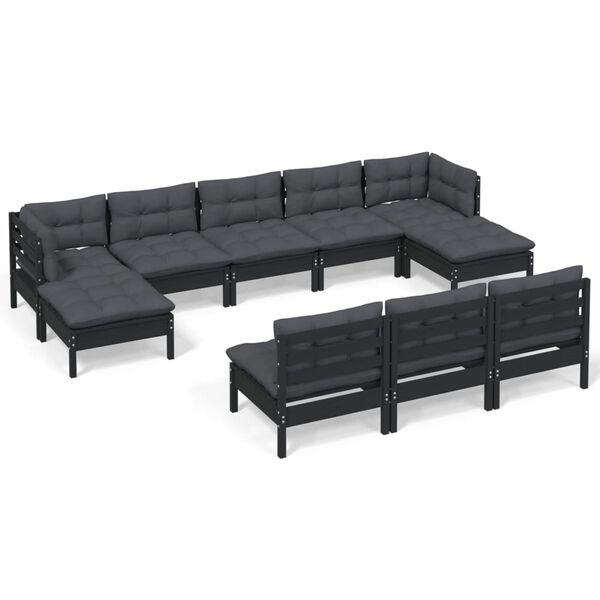 vidaXL 10-tlg. Garten-Lounge-Set mit Kissen Schwarz Kiefernholz