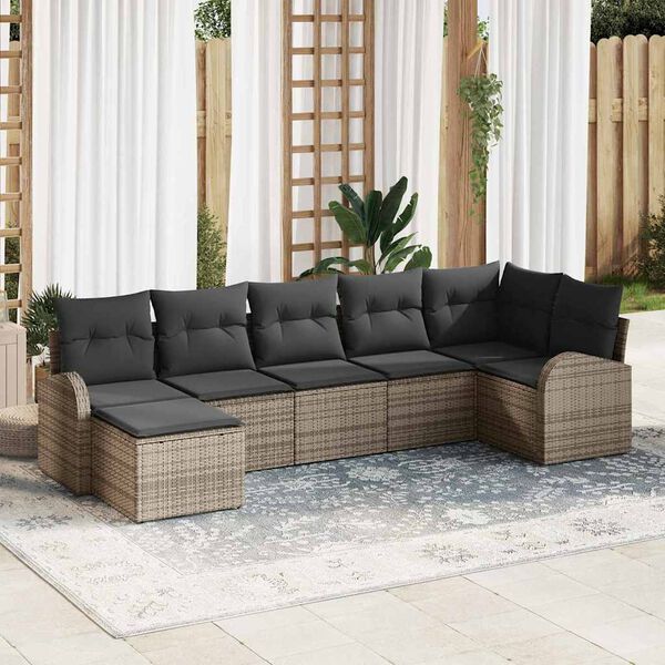 vidaXL Garten-Sofa-Set mit Kissen 7 pcs Grau Poly Rattan