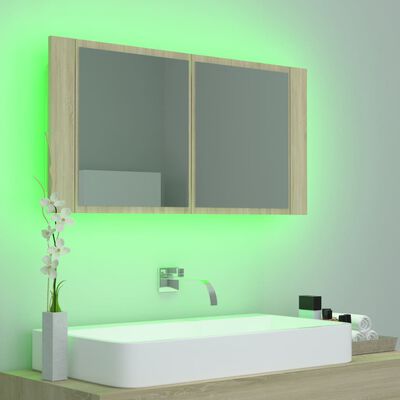 vidaXL LED-Bad-Spiegelschrank Sonoma-Eiche 90x12x45 cm Acryl