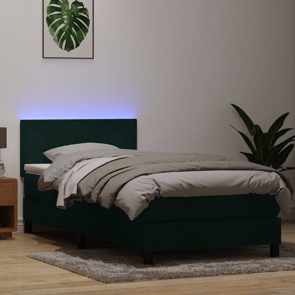 vidaXL Boxspringbett mit Matratze & LED Dunkelgr&uuml;n 80x220 cm Samt